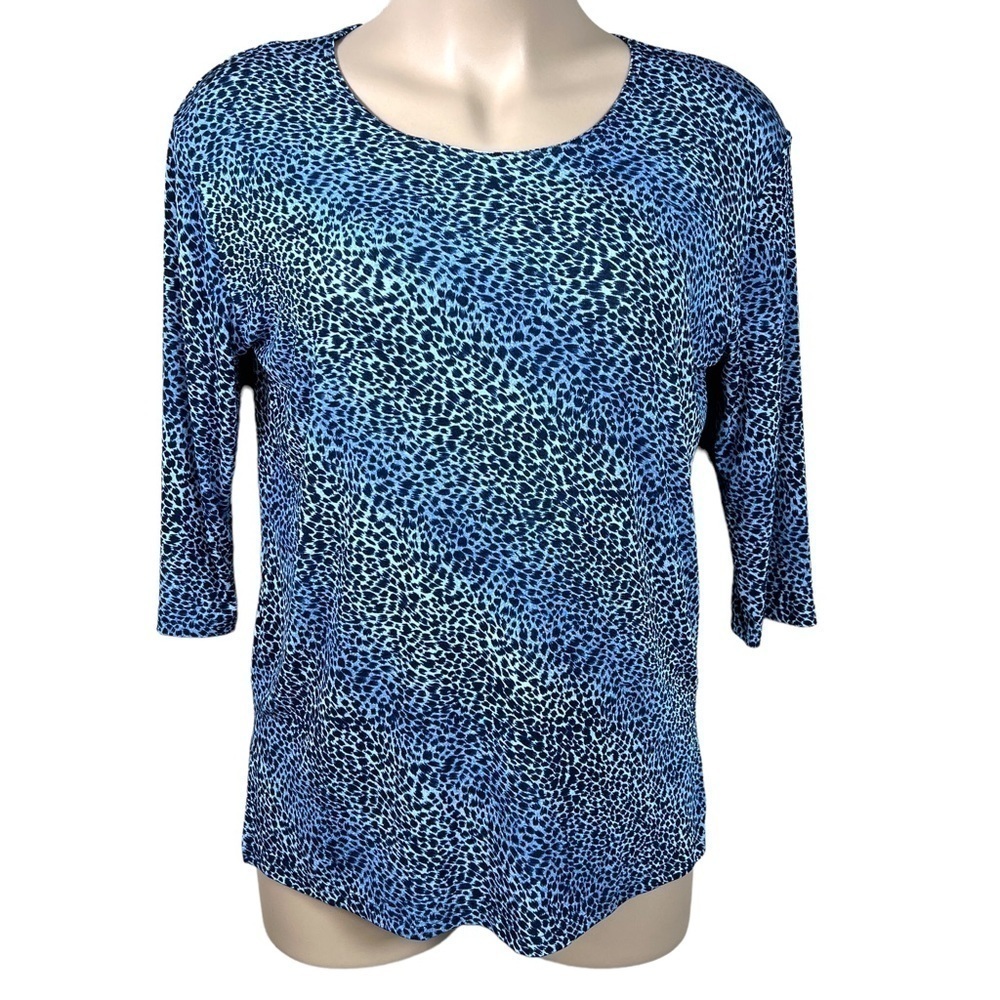 Large Vintage Blue Black Leopard Print 90s Stretch Top ICI Scoop Neckline